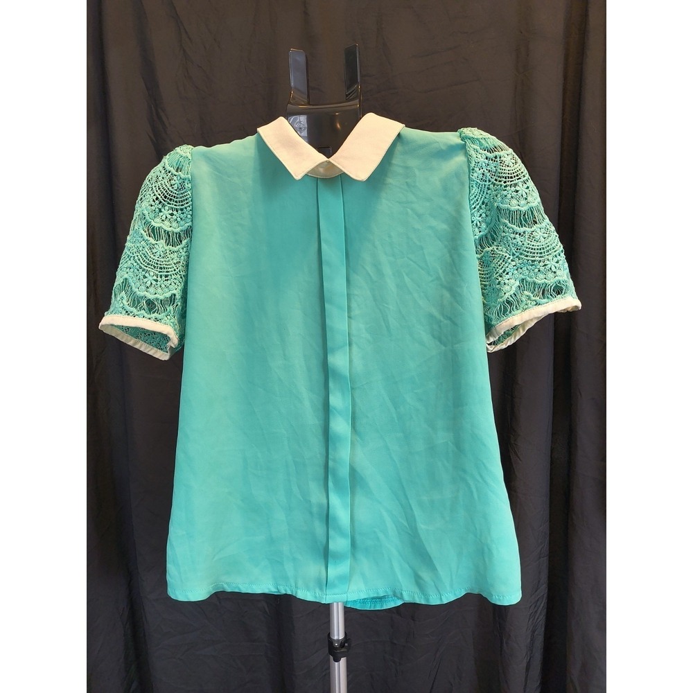 Teal Collared Eyelet Lace Button Up Blouse Medium